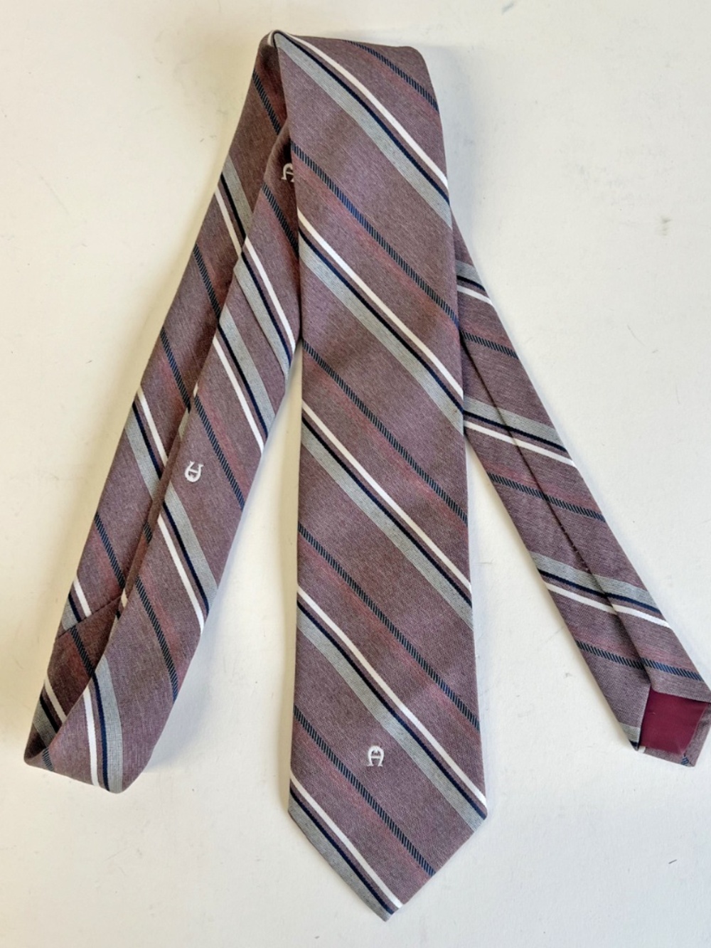 Vintage 1980’s Etienne Aigner Men’s Neck Tie Maroon/Gray Striped Logo